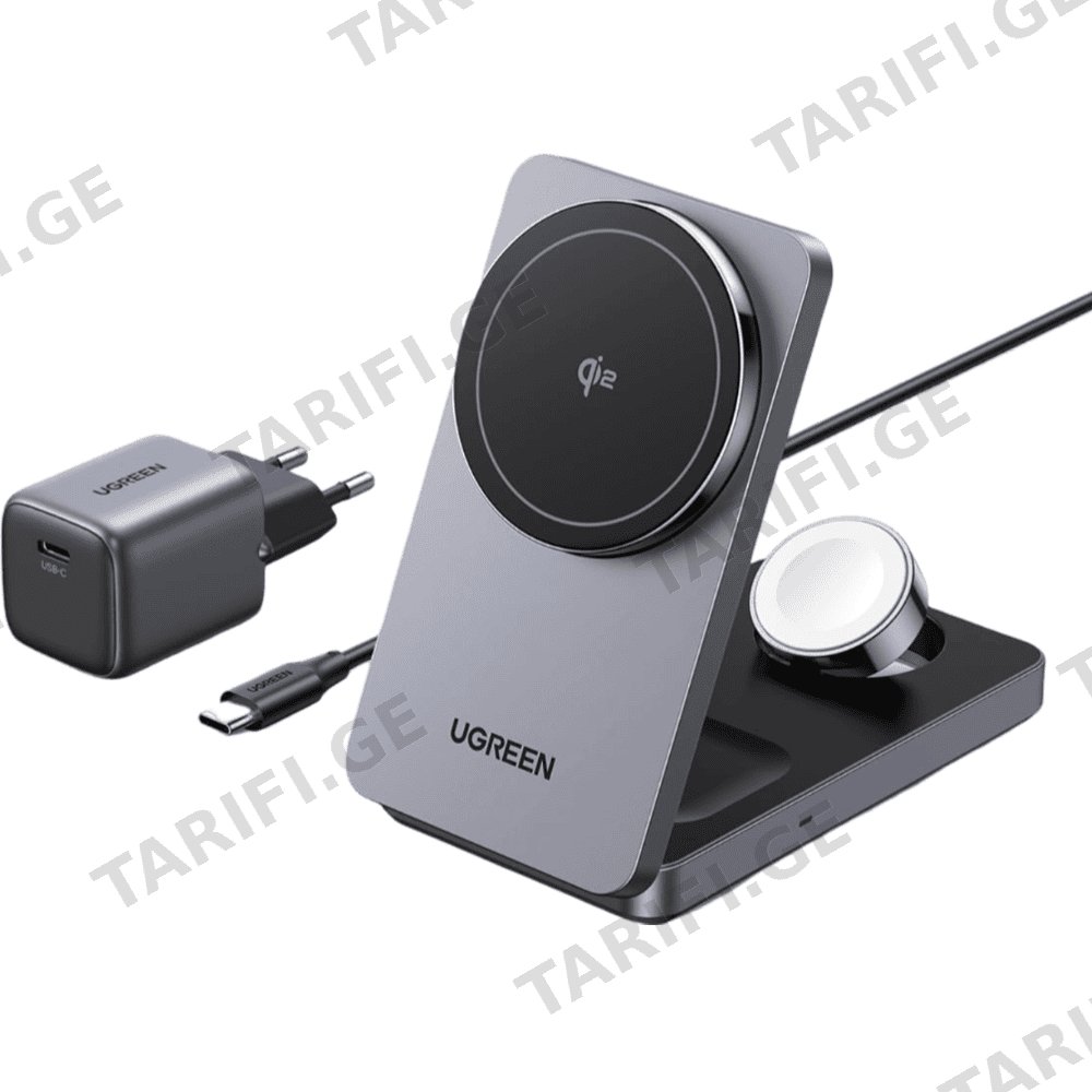 უსადენო დამტენი UGREEN W707 (45025) Qi2 MagFlow, 15W, Wireless Charging Station With 30W USB-C Charger, Space gray