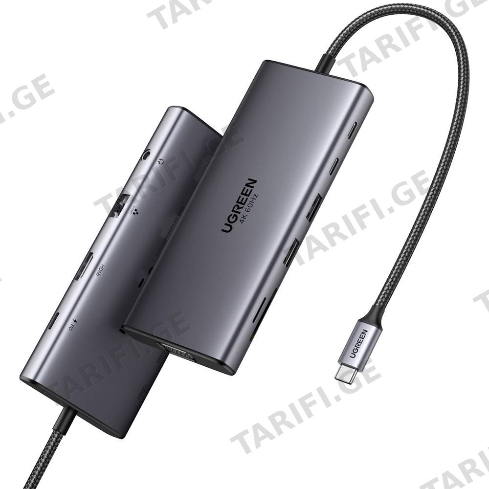 USB-C ჰაბი UGREEN CM639 (45520), Type-C, USB-A, HDMI, VGA, RJ45, SD/TF, 3.5MM, PD, 11-in-1 USB-C Hub, Grey
