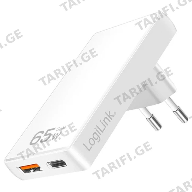 კედლის დამტენი LOGILINK PA0368 65W GAN ტექნოლოგიით USB-A & USB-C