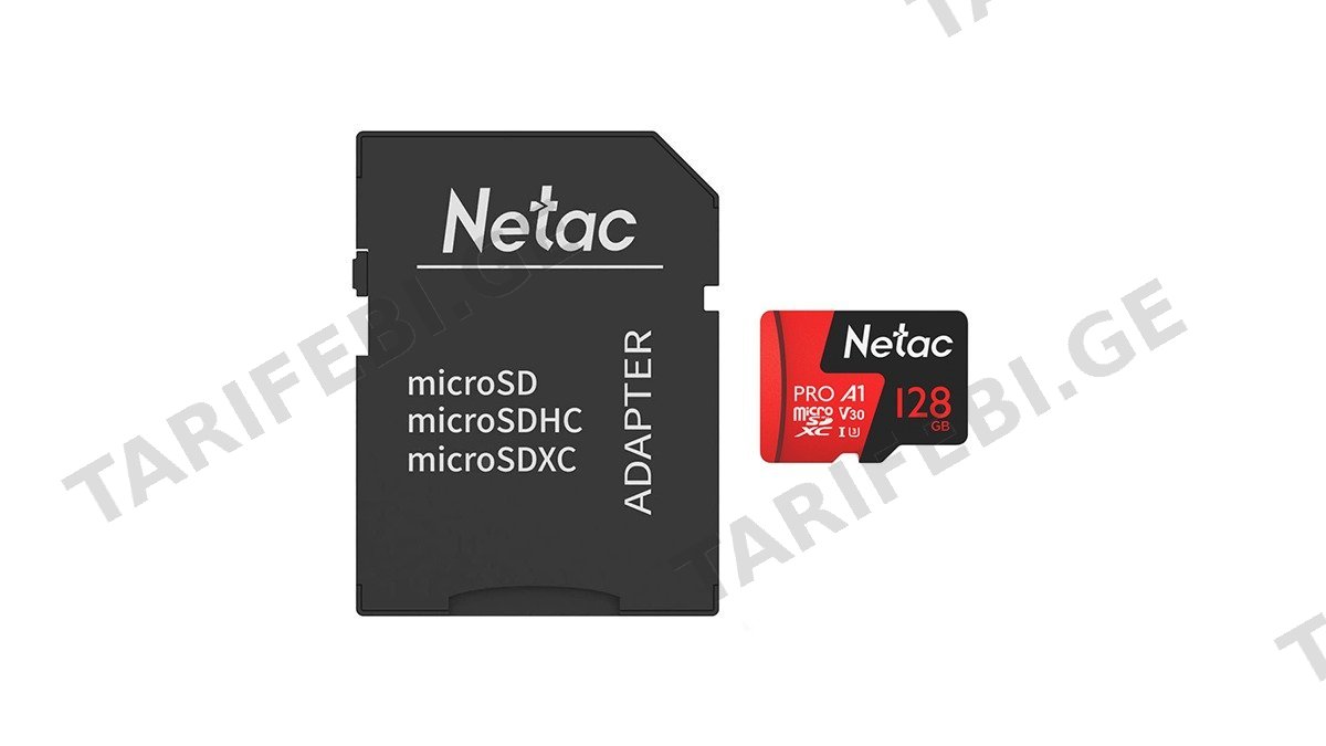 Netac p500 128GB microSDHC class 10 მეხსიერების ბარათი (გადამყვანით) (0689)