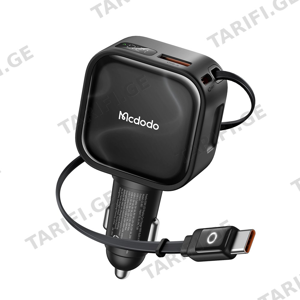 მანქანის ადაპტერი Mcdodo 93W 1A+1C Car Charger Built-in USB-C Retractable Cable CC-8670