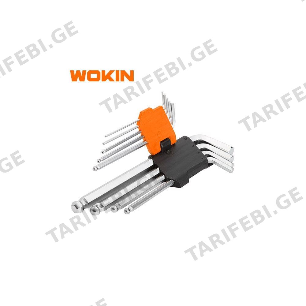 ექვსკუთხა სახრახნისის ნაკრები Wokin 207509, 9Pcs BALL POINT LONG ARM HEX KEY SE Silver/Black