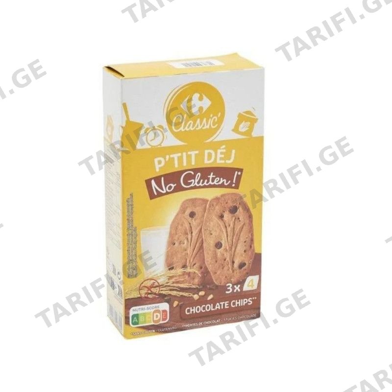 Carrefour კლასიკური უგლუტენო შოკოლადის ჩიპის მქონე ბისკვიტი, 150 გ