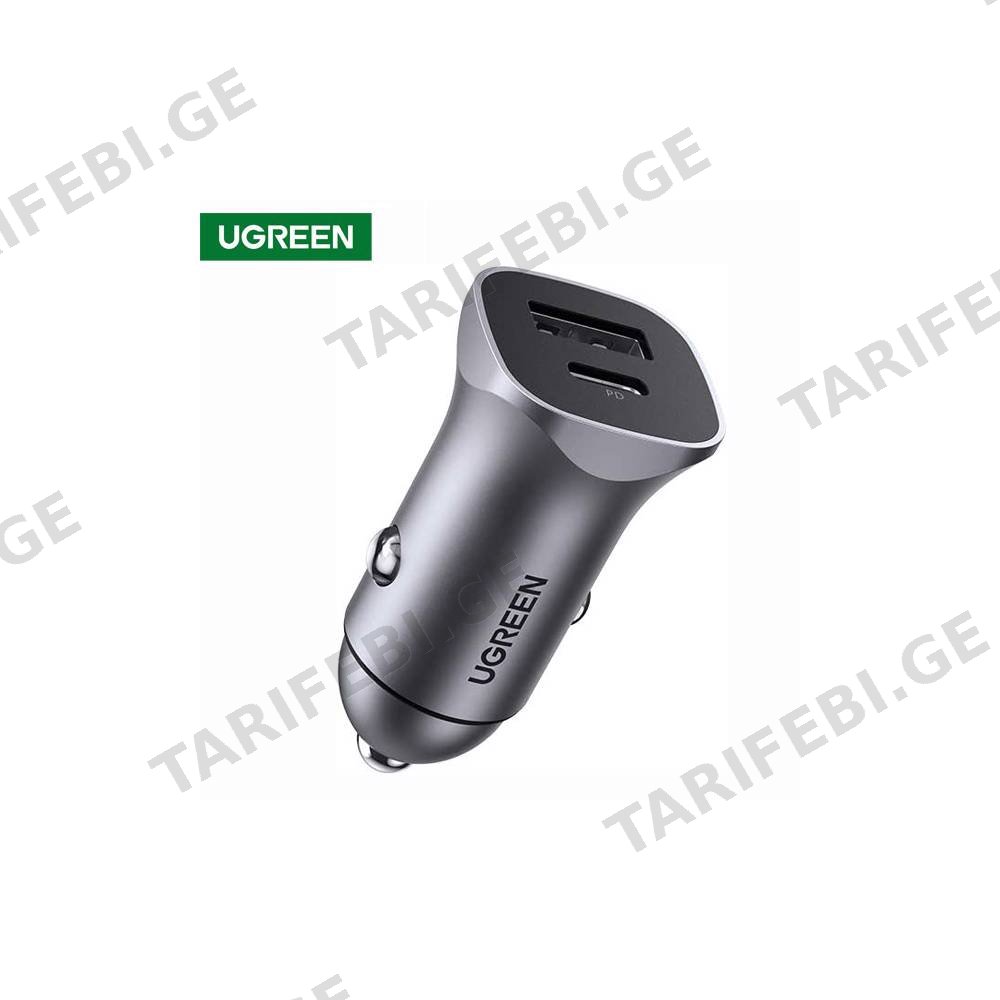 მანქანის დამტენი UGREEN CD130 (30780), 24W, USB, Type-c, Space Grey