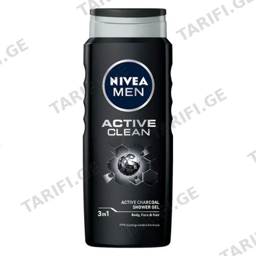 ნივეა - მამაკაცის შხაპის გელი ნახშირით Active Clean 500მლ