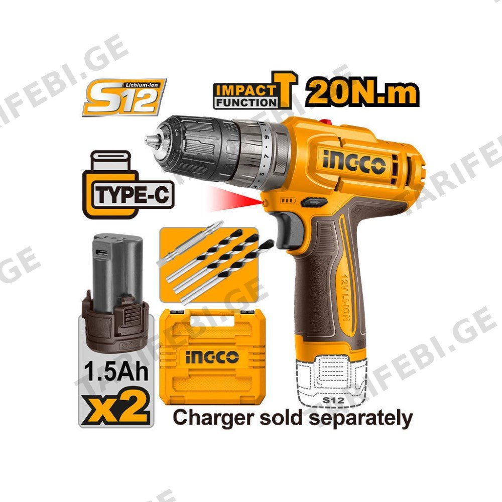 სჭვალსახრახნი აკუმულატორის Ingco CIDLI12206 12 V USB-Type-C 2x1.5ah
