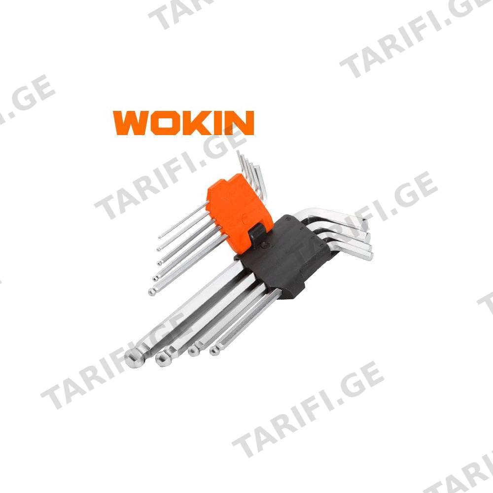 ექვსკუთხა სახრახნისის ნაკრები Wokin 207609, 9Pcs BALL POINT EXTRA-LONG ARM HEX KEY SET, Silver/Black