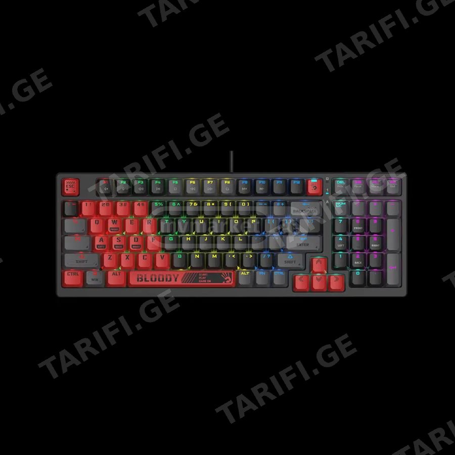 მექანიკური კლავიატურა Bloody S98 Hot-swappable RGB Mechanical Gaming Keyboard USB (Sports Red)მწარმოებელი: BLOODYმოდელი: S98 SPORTS REDტექნიკური მახასიათებლებიკონსტრუქცია: GAMINGკლავიატურის ტიპი: მექა