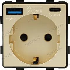 როზეტი ჩარჩოს გარეშე Socket Style 16A დამიწებით და შტორებით USB A C 3.1A 20W ოქროსფერი