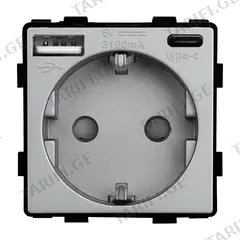 როზეტი ჩარჩოს გარეშე Socket Style 16A დამიწებით და შტორებით USB A C 3.1A 20W ნაცრისფერი