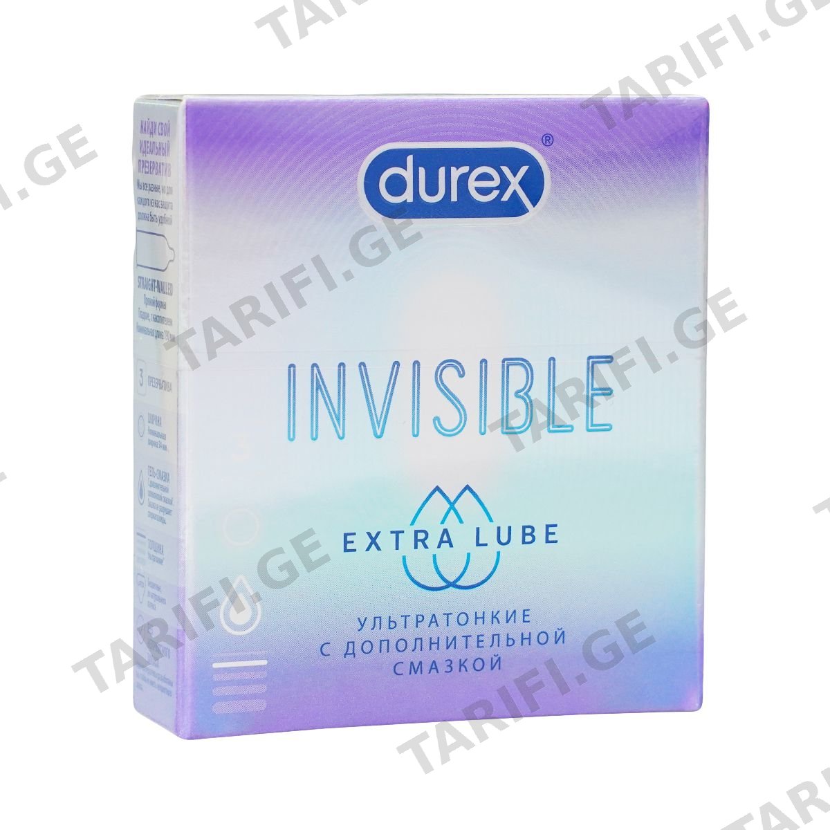 პრეზერვატივი Invisible Extra Lube 3 ცალი დურექსი - Durex