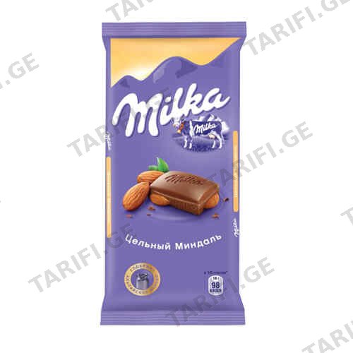 შოკოლადის ფილა /მილკა/ რძიანი შოკოლადი მთლიანი ნუშით 90გრ