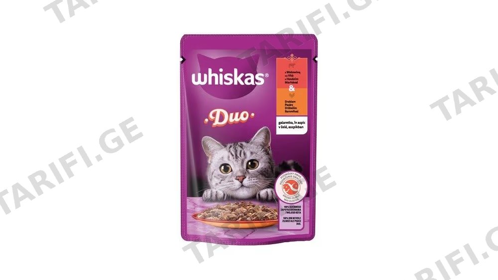ვისკასი კატის საკვები საქონლის და ფრინველის ხორცი ჟელეში 85გრ