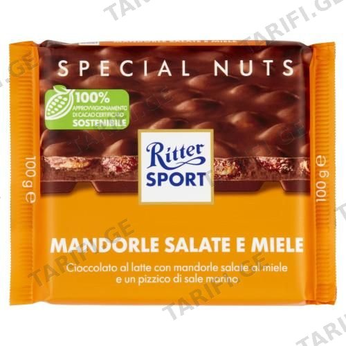 RITTER SPORT რძიანი შოკოლადის ფილა ნუშით და თაფლით-100გ