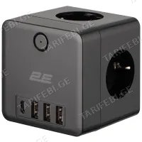 ადაპტერი 2E 2E-AD431BK, 3 SOCKET, USB-A, TYPE-C, POWER ADAPTER WITH SURGE PROTECTION, BLACK
