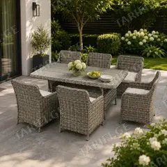 ავეჯის კომპლექტი მაგიდა, 6 სკამი, როტანგი