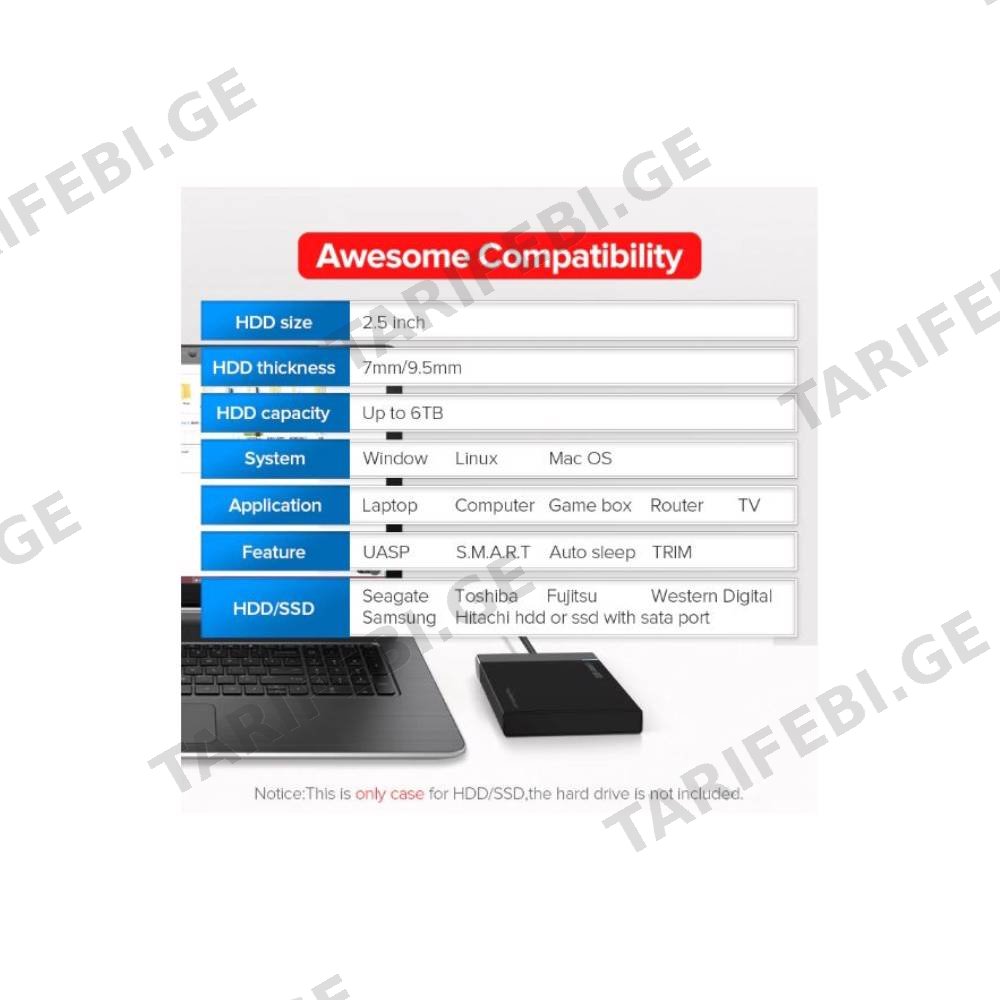 მყარი დისკის ქეისი Ugreen CM237 (60353) HDD Enclosure 2.5 SATA to USB 3.0 Hard Drive Adapter Enclosure