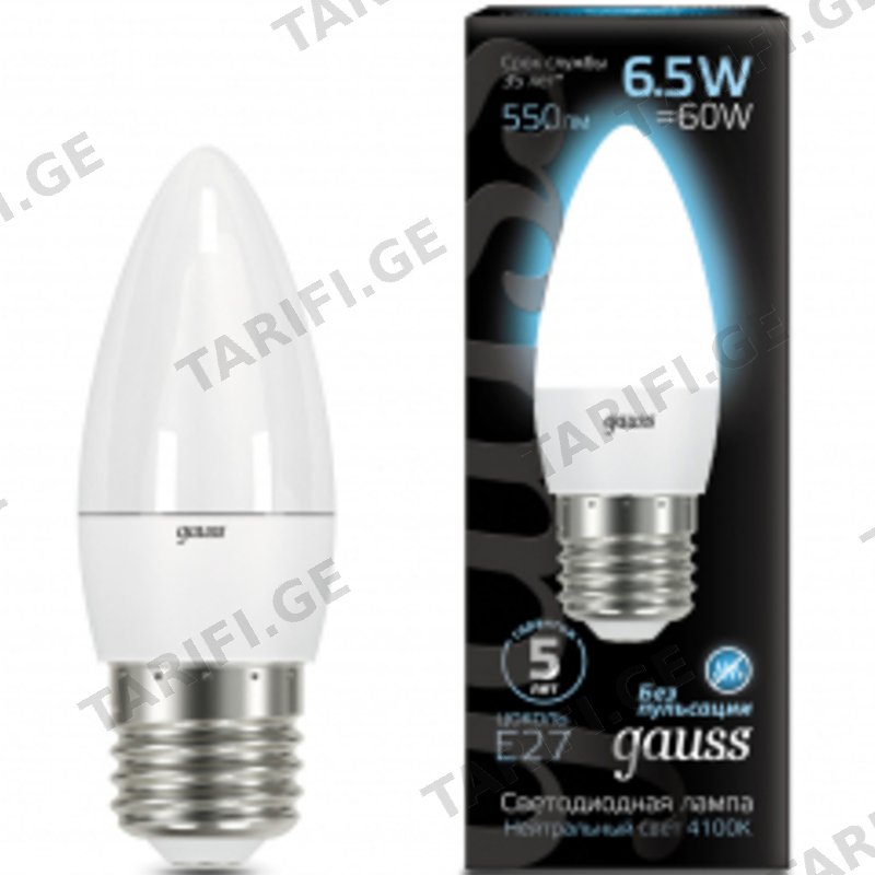 LED ნათურა GAUSS 103102207 CANDLE (6.5W, E27, 4100K)