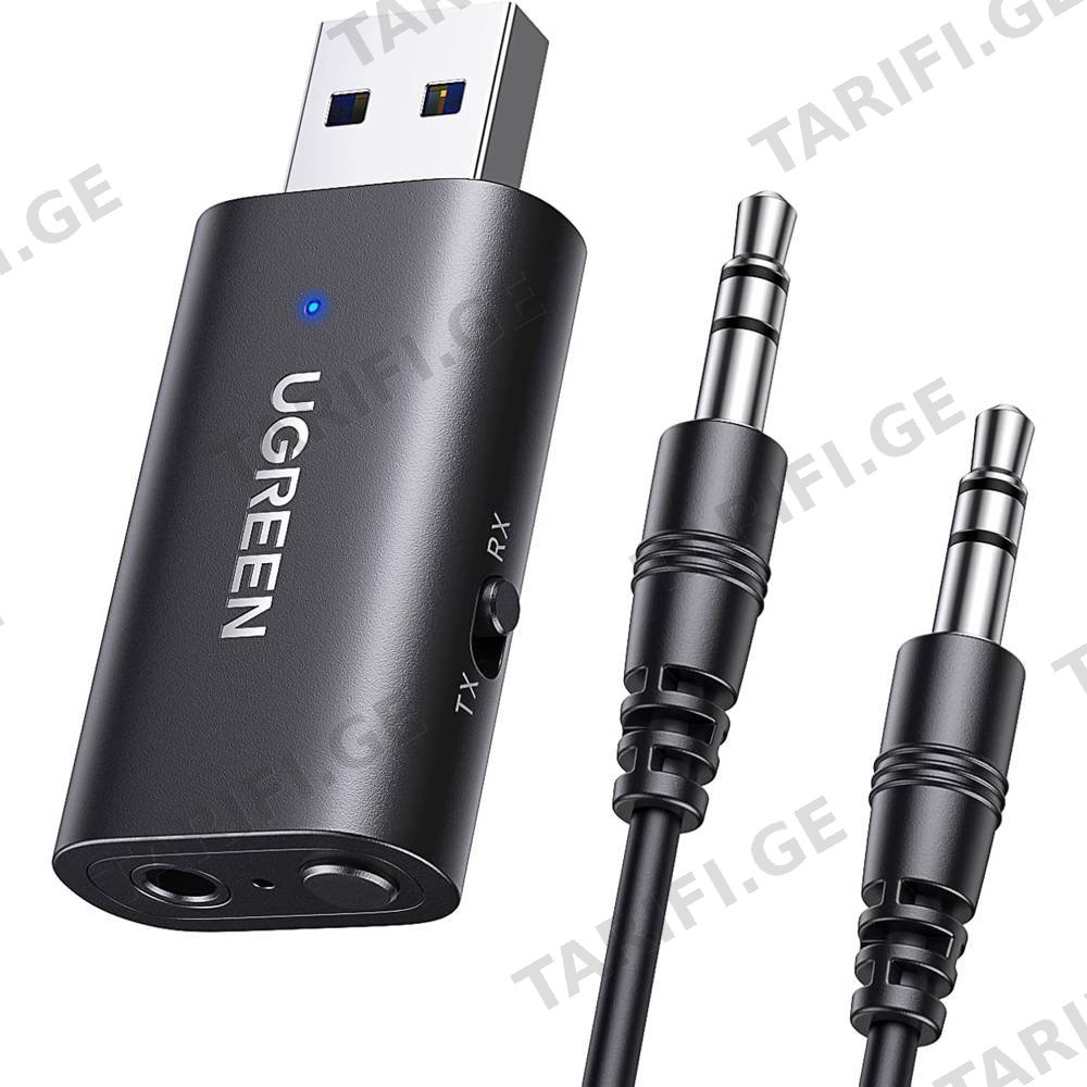 Bluetooth ადაპტერი UGREEN CM523 (60300), USB 2.0 to 3.5mm Bluetooth Transmitter/Receiver Adapter, Black