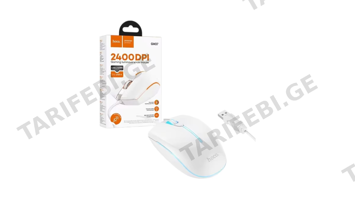 hoco. GM37 2400DPI Gaming Luminous Wired Mouse თეთრი