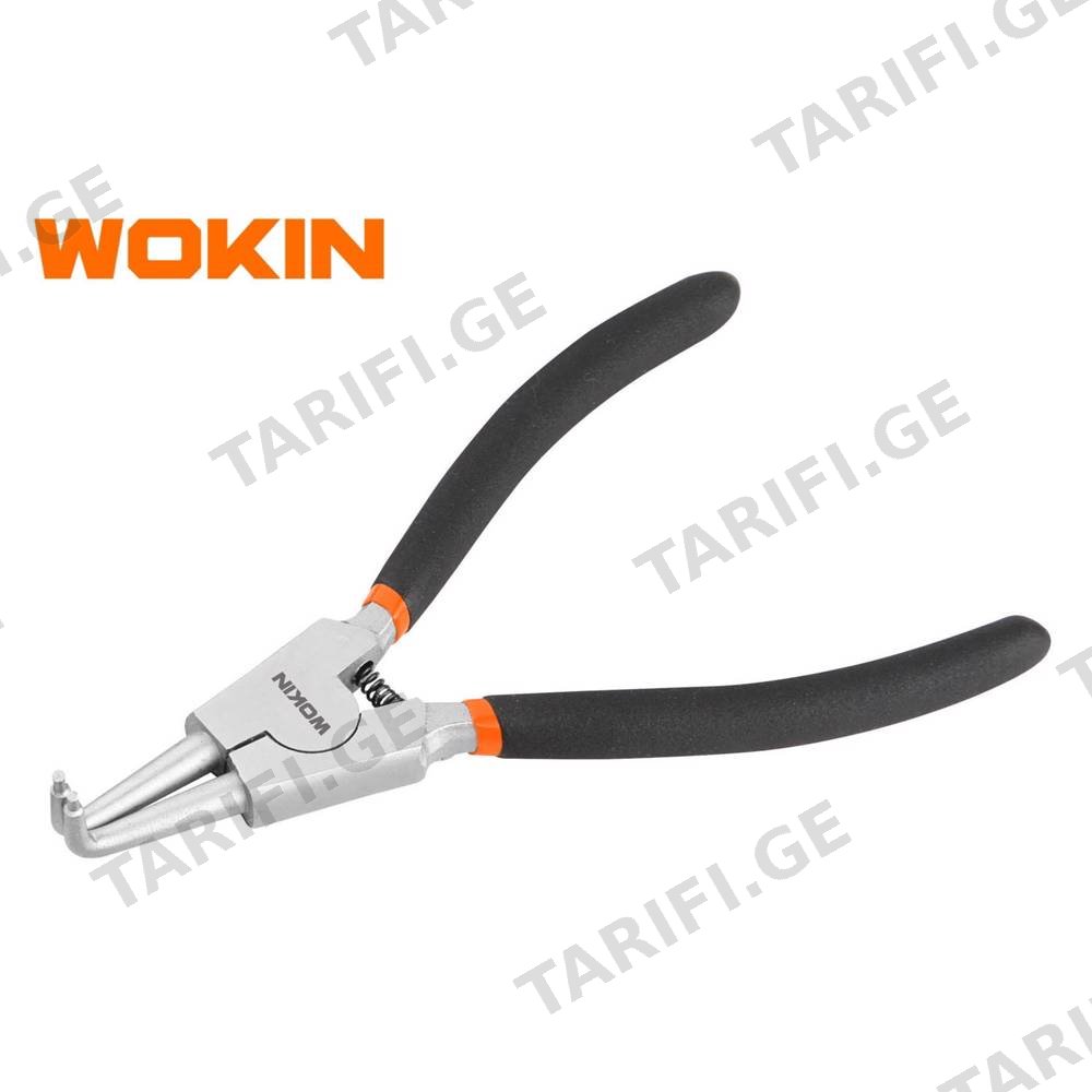 ბრტყელტუჩა რეზინის სახელურით Wokin 104807, 180MM, 7\", Exteranl Circlip Pliers, Bent, Black