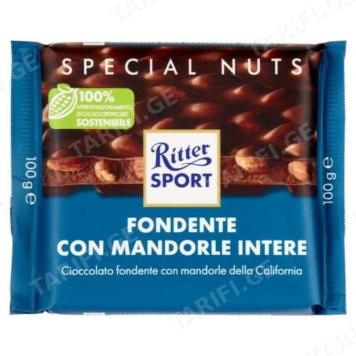 RITTER SPORT შავი შოკოლადის ფილა მთლინი ნუშით-100გ
