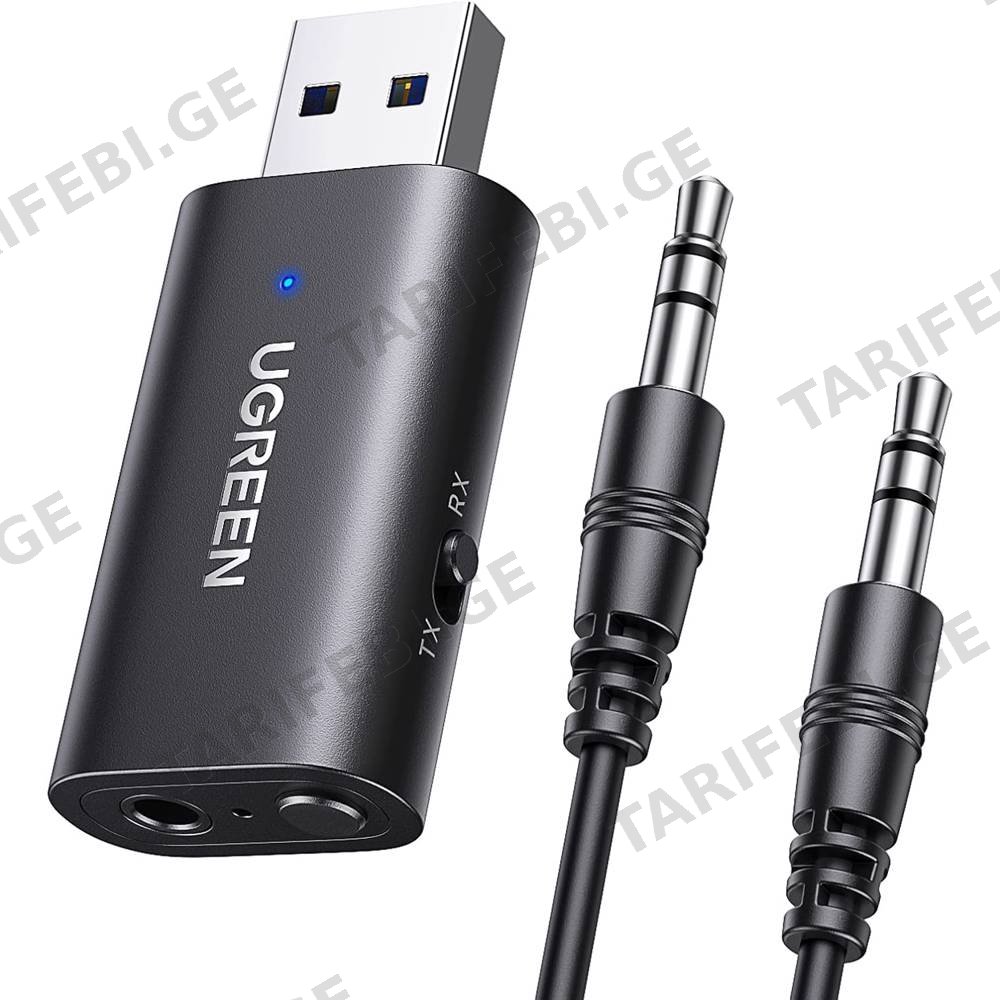Bluetooth ადაპტერი UGREEN CM523 (60300), USB 2.0 to 3.5mm Bluetooth Transmitter/Receiver Adapter, Black