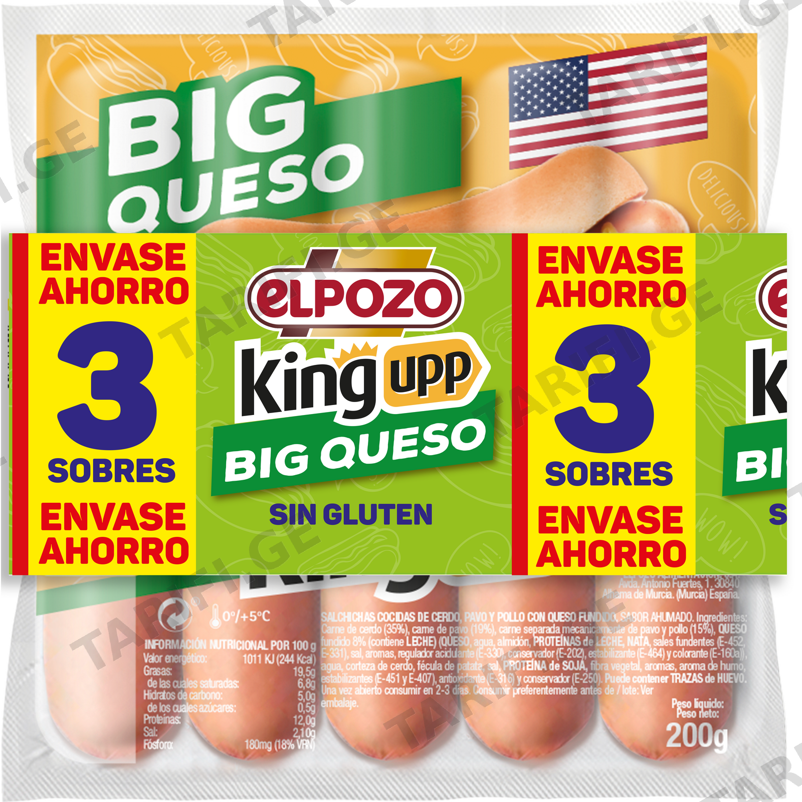 სოსისი /Elpozo/ ყველით "QUESO" (ღორისა(35%) და ინდაურის(19%) შერეული) უგლუტენო (3*200) 12*600გ