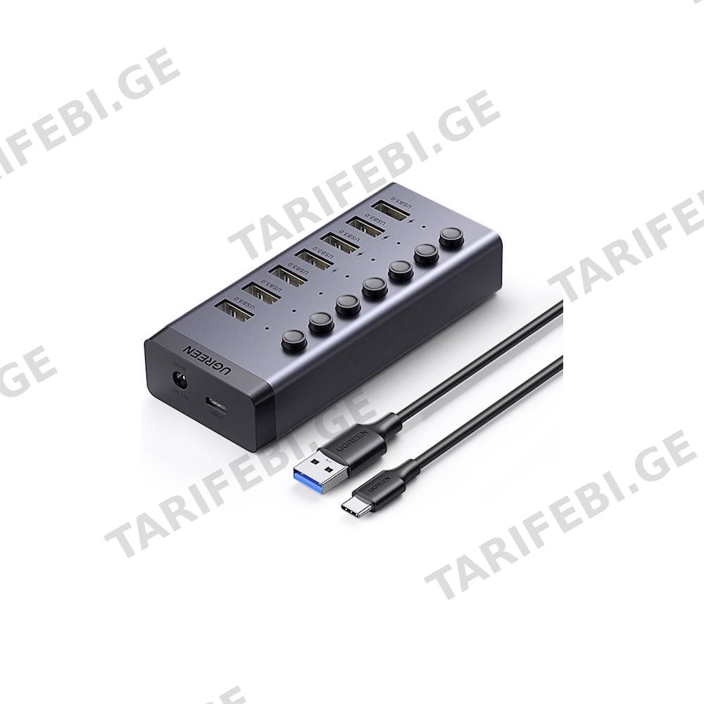 USB ჰაბი UGREEN CM481 (90307) USB 3.0 Hub With 7 Ports USB-A 12V 2A, Gray