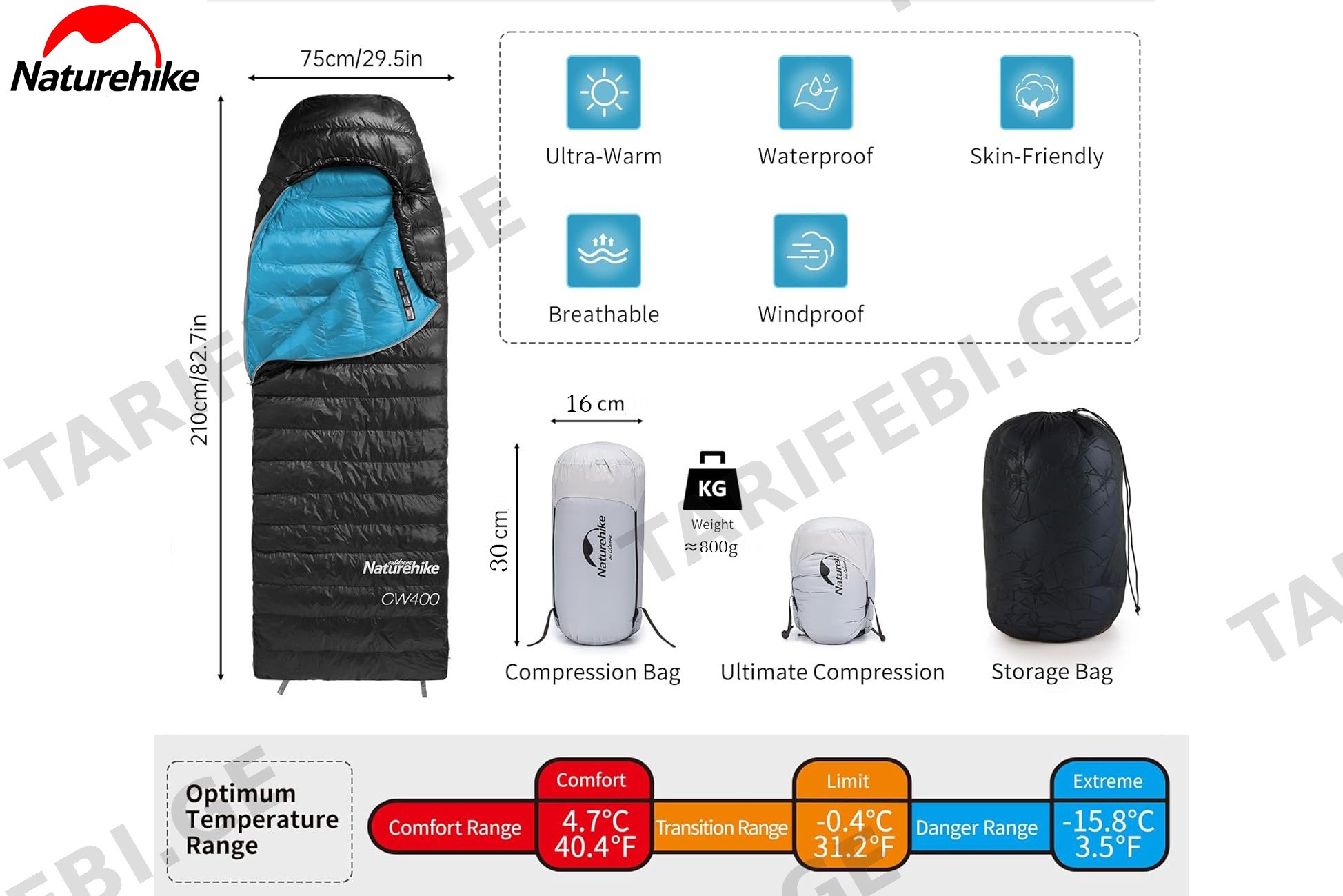 ბუმბულის საძილე ტომარა 4.7℃ / -0.4℃ / -15.8℃ Naturehike CW400