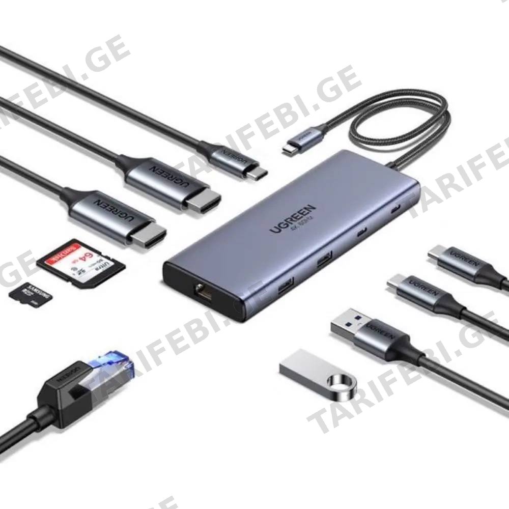 USB-C ჰაბი UGREEN CM639 (45380), HDMI, Type-C, USB-A, RJ45, SD/TF, Grey