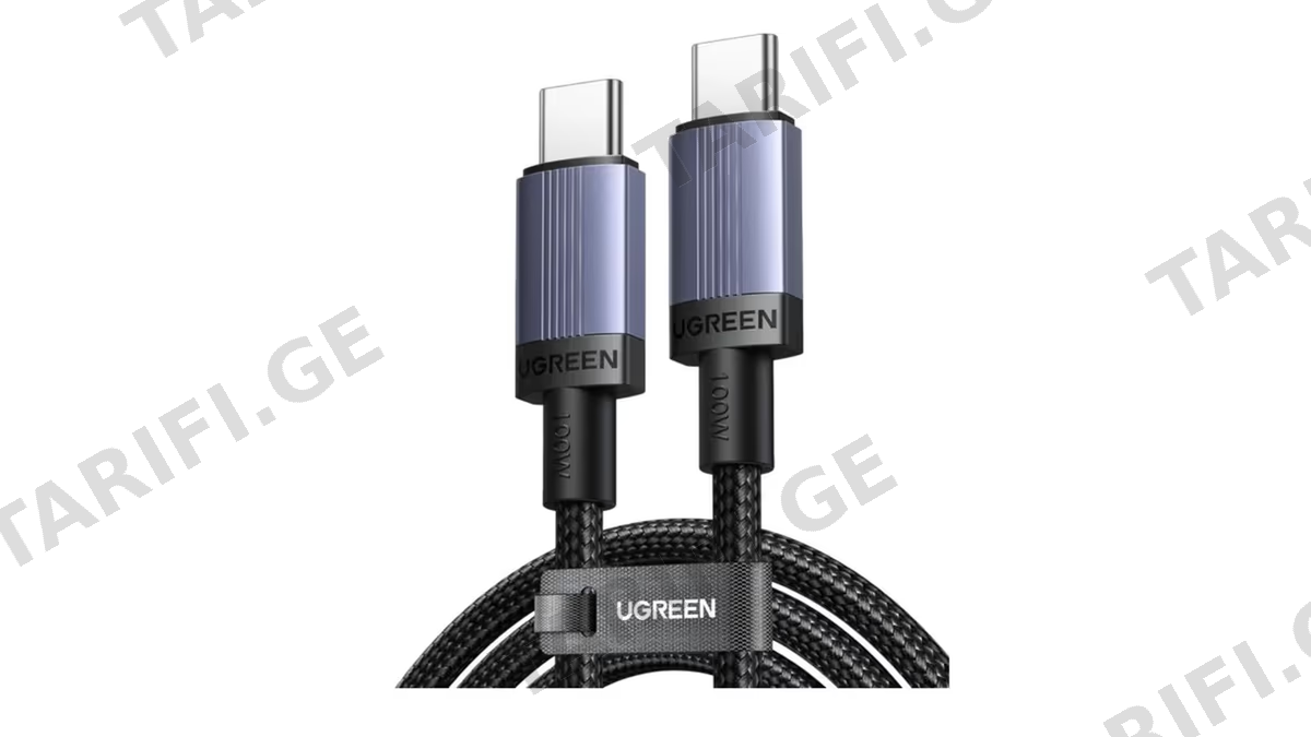USB კაბელი UGREEN L528 (65832), 100W, Type-C to Type-C Cable, 1m, Grey/Black