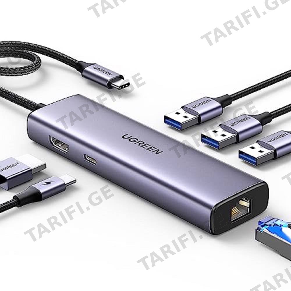 USB-C ჰაბი UGREEN CM512 (15598), Type-C, USB, HDMI, Lan, PD, Hub, Grey