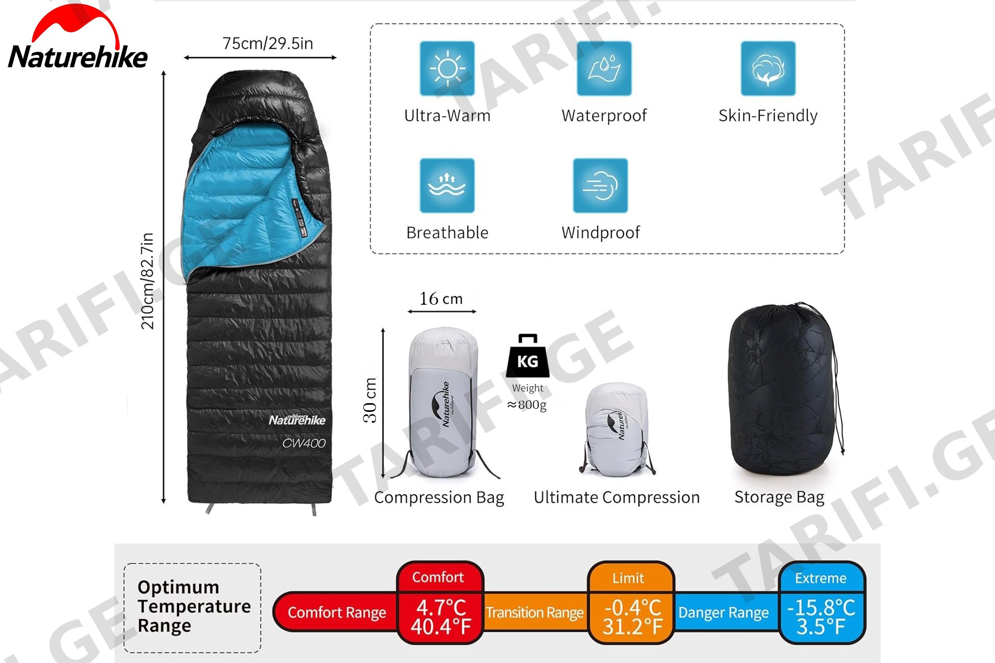 ბუმბულის საძილე ტომარა 4.7℃ / -0.4℃ / -15.8℃ Naturehike CW400
