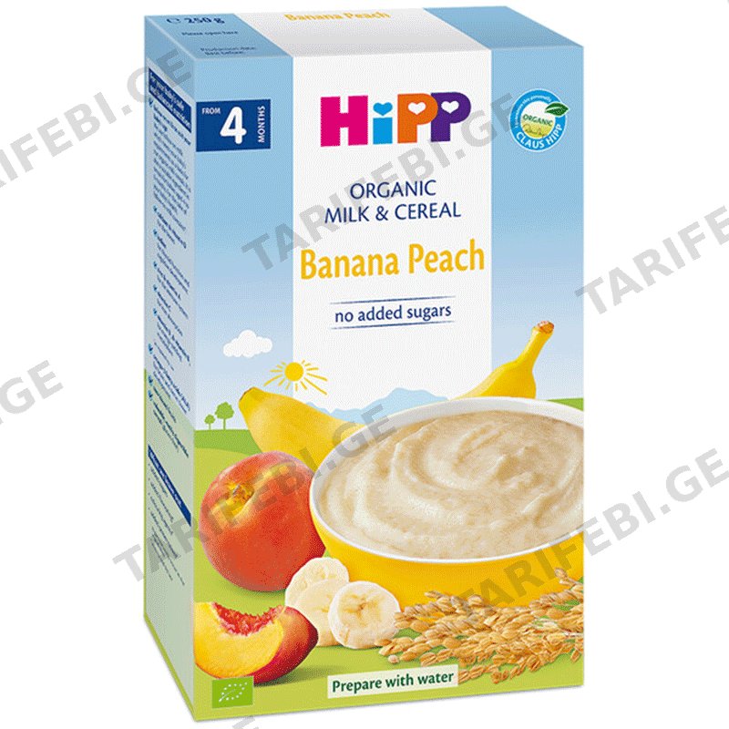 HiPP რძიანი ფაფა ბანანითა და ატმით (4 თვიდან, 250 GR)