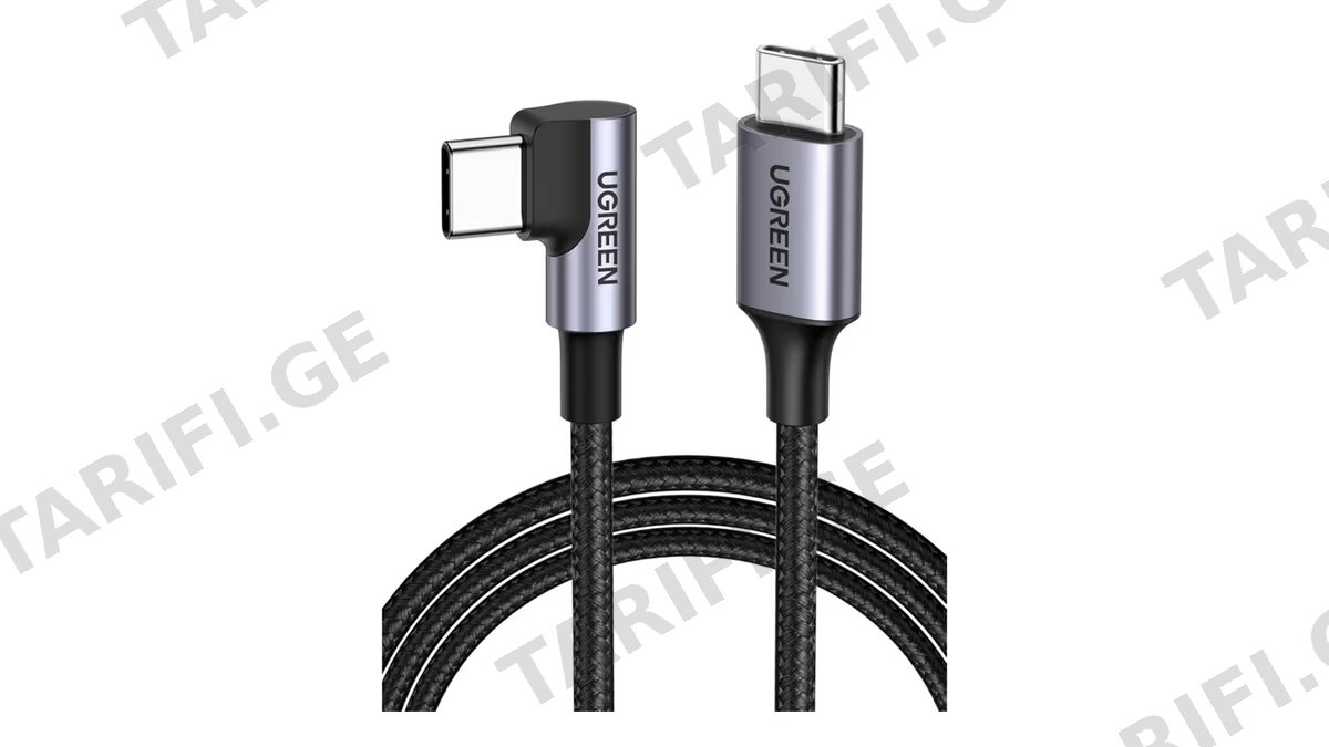 USB კაბელი UGREEN US255 (50123), 60W, Type-C to Angled Type-C Round, 1m