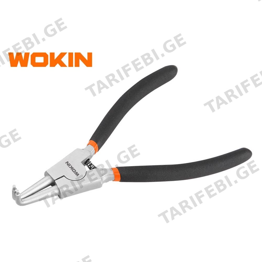 ბრტყელტუჩა რეზინის სახელურით Wokin 104807, 180MM, 7\", Exteranl Circlip Pliers, Bent, Black