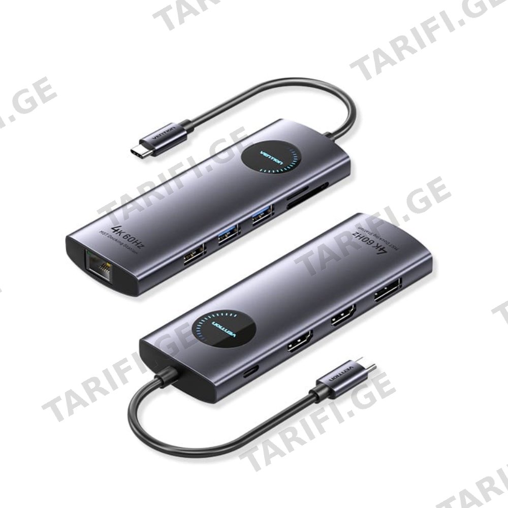 დოქ სადგური Vention TQWHB 4K/60Hz 10-in-1 USB-C MST Docking Station 100W PD 0.15m Gray Aluminum