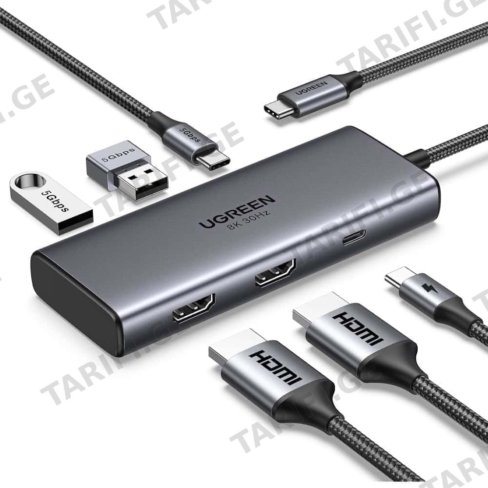 USB-C ჰაბი UGREEN CM498 (15852) Revodok 206, 2 x HDMI, USB, Type-C, HUB, Grey