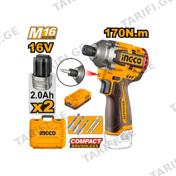 ელექტრო იმპულსური ხრახნდამჭერი 16V-2.0AH Li-Ion Proline (CIRLI16178) INGCO