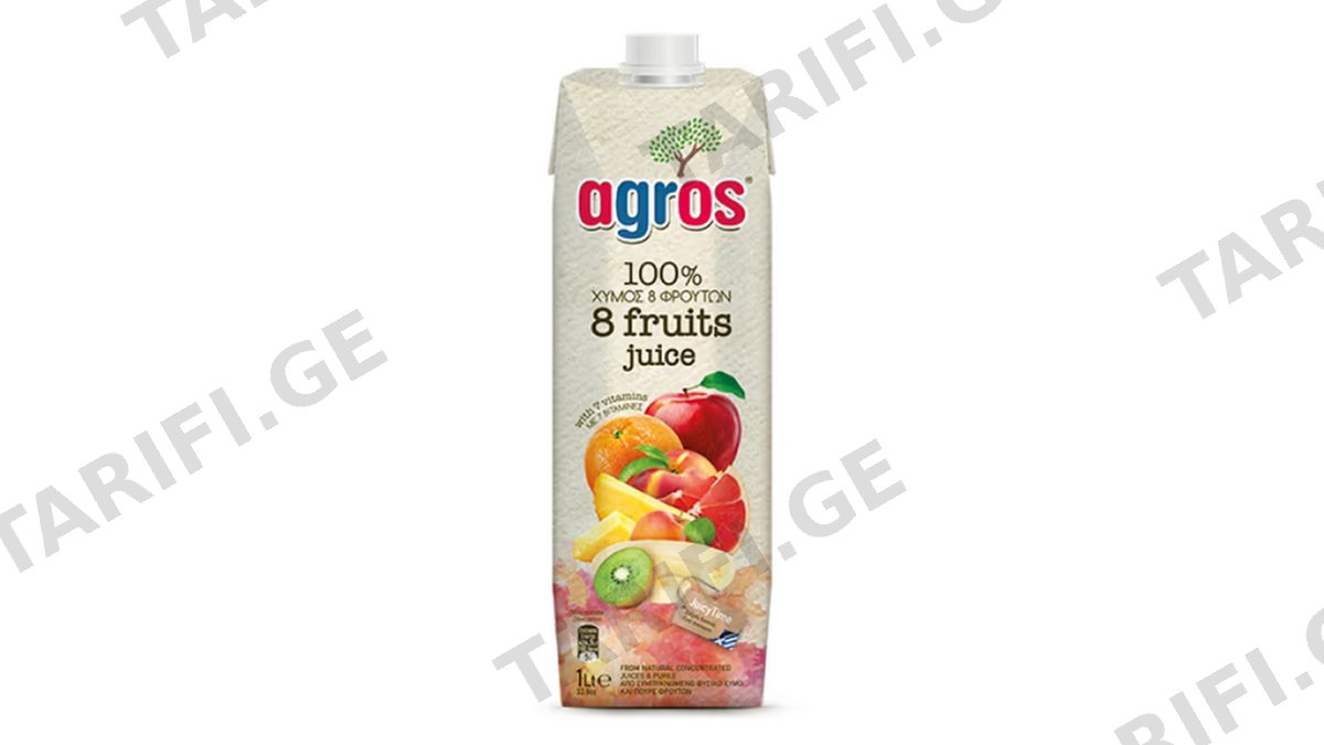 AGROS ნატურალური წვენი 100% 8 ხილის მულტივიტამინი 1ლ