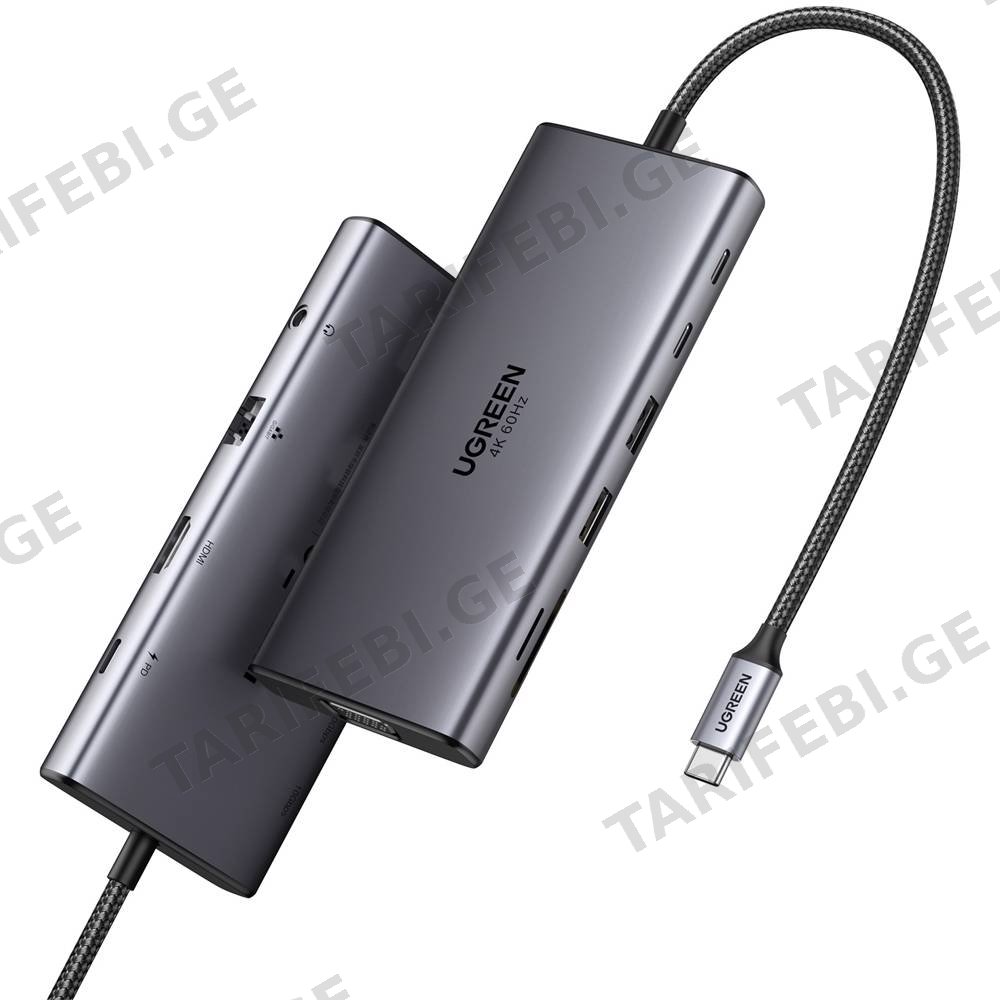 USB-C ჰაბი UGREEN CM639 (45520), Type-C, USB-A, HDMI, VGA, RJ45, SD/TF, 3.5MM, PD, 11-in-1 USB-C Hub, Grey