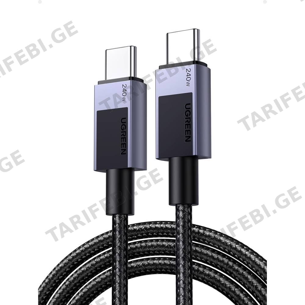 USB კაბელი UGREEN L513 (45068), 240W, Type-C to Type-C PD Fast Charging Cable, 2m, Space Gray