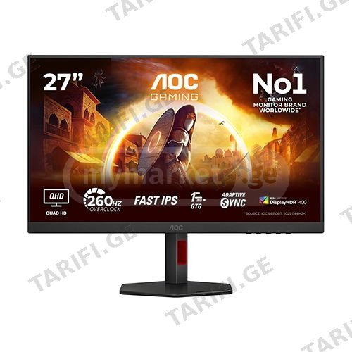 მონიტორი - AOC Q27G4ZR / 27" / Fast IPS / 0.3ms / 260Hz / 2K QHD• ბრენდი: AOC• მოდელი: Q27G4ZR• ეკრანის ზომა: 27 ინჩი• პანელის ტიპი: Fast IPS• ეკრანის ფორმა: ბრტყელი• ფერი: შავიდისპლეის მახასიათე