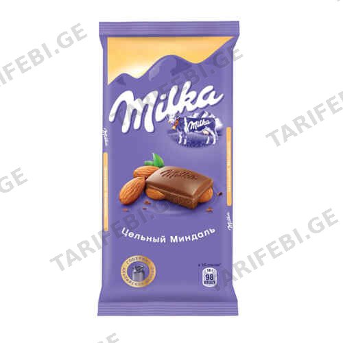შოკოლადის ფილა /მილკა/ რძიანი შოკოლადი მთლიანი ნუშით 90გრ