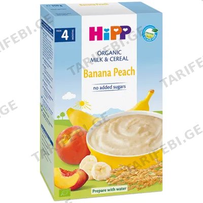 HiPP რძიანი ფაფა ბანანითა და ატმით (4 თვიდან, 250 GR)