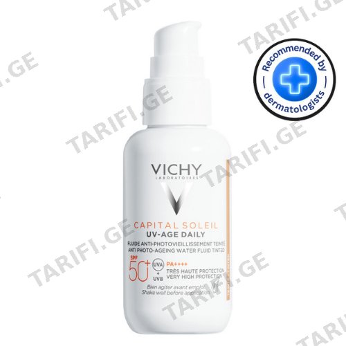 ვიში - კაპიტალ სოლეი მზისგან დამცავი SPF50+ სახის ფლუიდი შეფერილი ფოტოდაბერების საწ. 40მლ