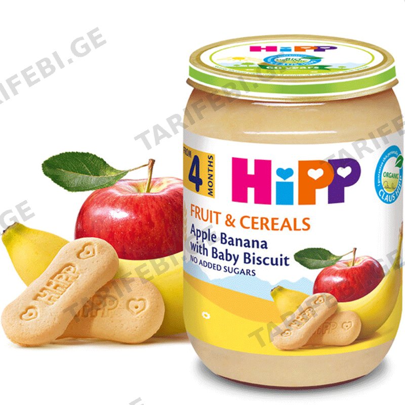 HIPP-ის ხილმარცვლოვანი ურძეო ფაფა ვაშლი და ბანანი ორცხობილით (190 GR)