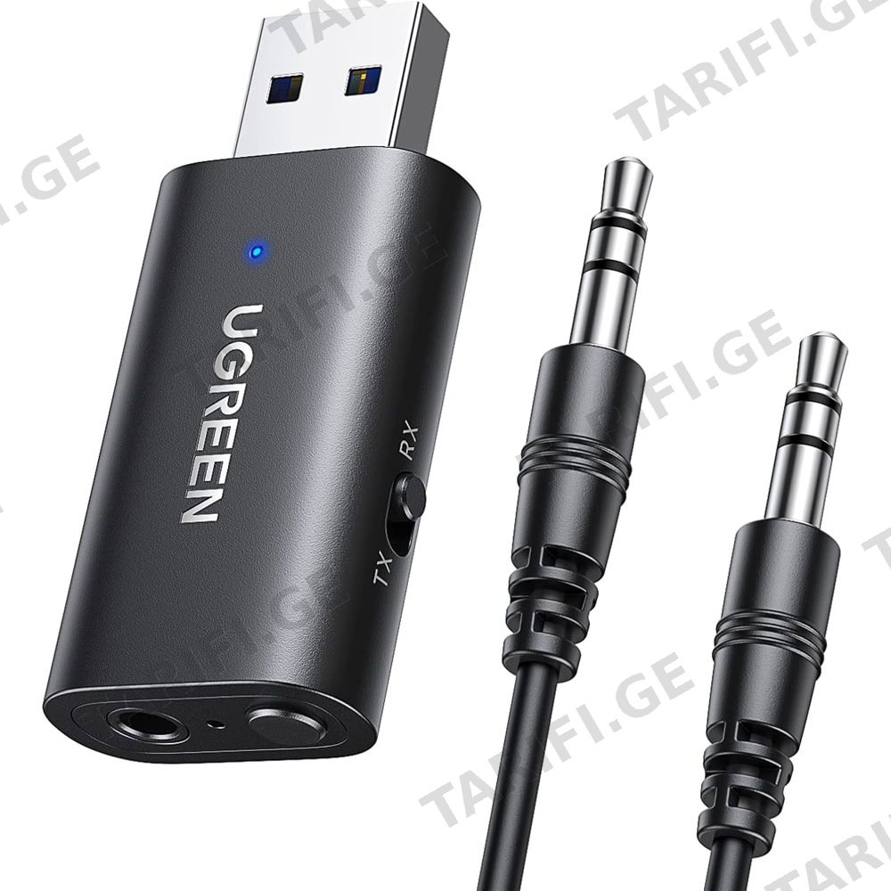 Bluetooth ადაპტერი UGREEN CM523 (60300), USB 2.0 to 3.5mm Bluetooth Transmitter/Receiver Adapter, Black
