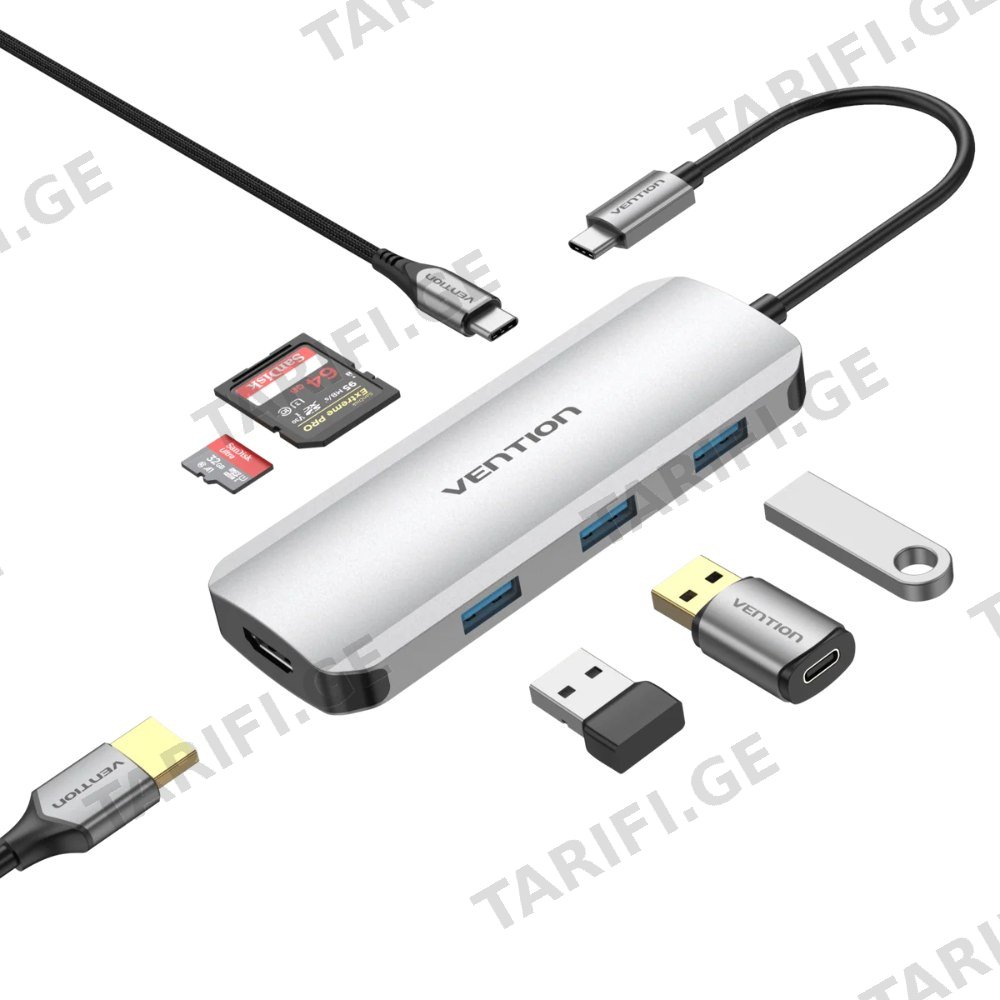დოქ სადგური Vention TOJHB 7-in-1 USB-C 4K/30Hz Docking Station 5Gbps 100W PD 0.15m Gray Aluminum